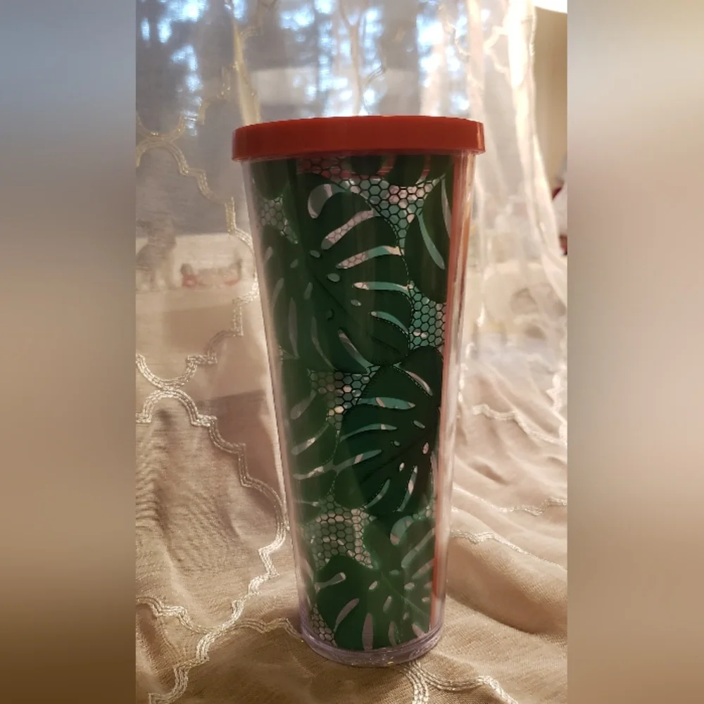 Starbucks Venti Green Leaf Cold Tumbler with Red Lid (No Straw)